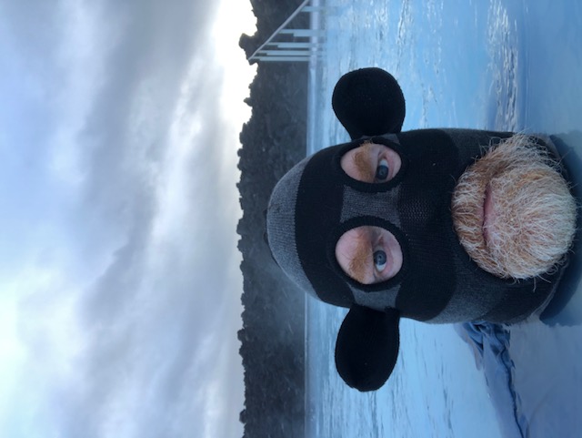 Ben in a ski mask at Blue Lagoon in Iceland